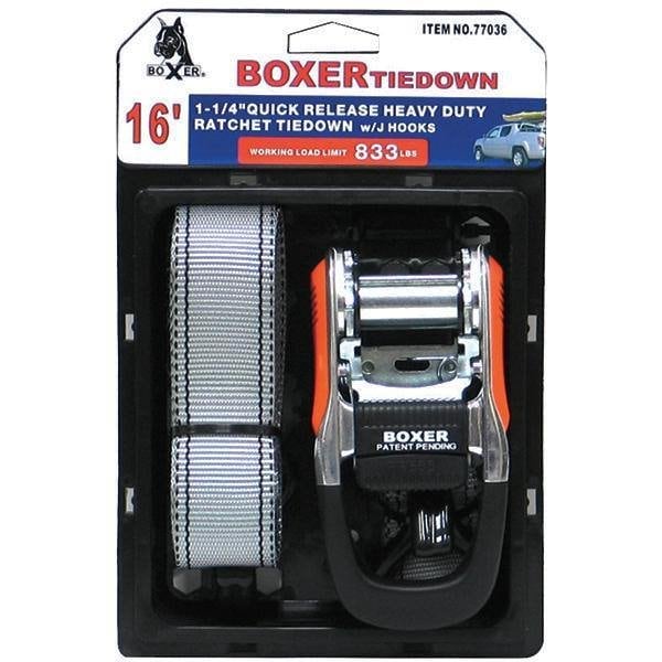 Boxer Tools Quick Release Heavy Duty Ratchet with J Hooks 2,500lbs 1.25-in. x 16 77036 - main